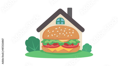 Hamburger with house shaped bun illustration.
