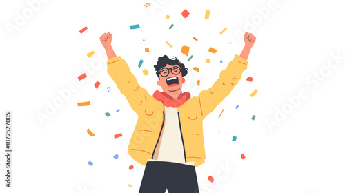Man Celebrating with Confetti and Raised Arms.