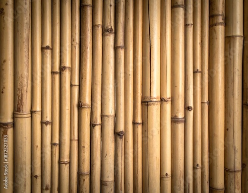 Close-up view of a wall constructed from vertical, naturally colored bamboo stalks