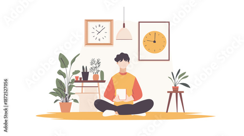 Man Meditating with Laptop on Floor.