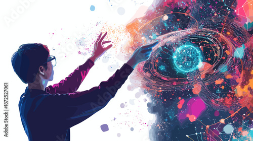 Man interacting with vibrant digital artwork.