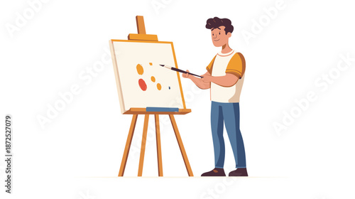 Man Painting on Easel with Brush.