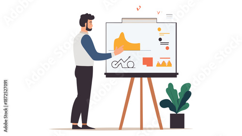 Man presenting data on whiteboard easel.