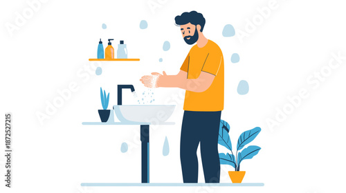 Man Washing Hands at Bathroom Sink.