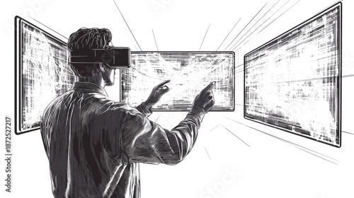 Man Using Virtual Reality Headset Interacting.