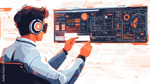 Man wearing headphones working on computer.