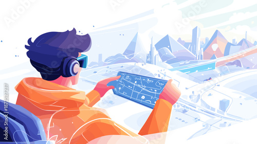 Man Wearing Headset Using Tablet.