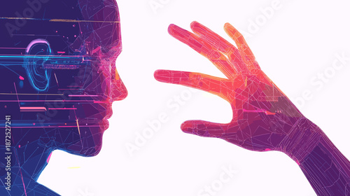 Man wearing virtual reality headset facing hand.