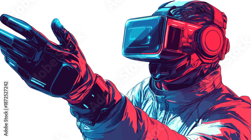 Man Wearing Virtual Reality Headset Gloves.