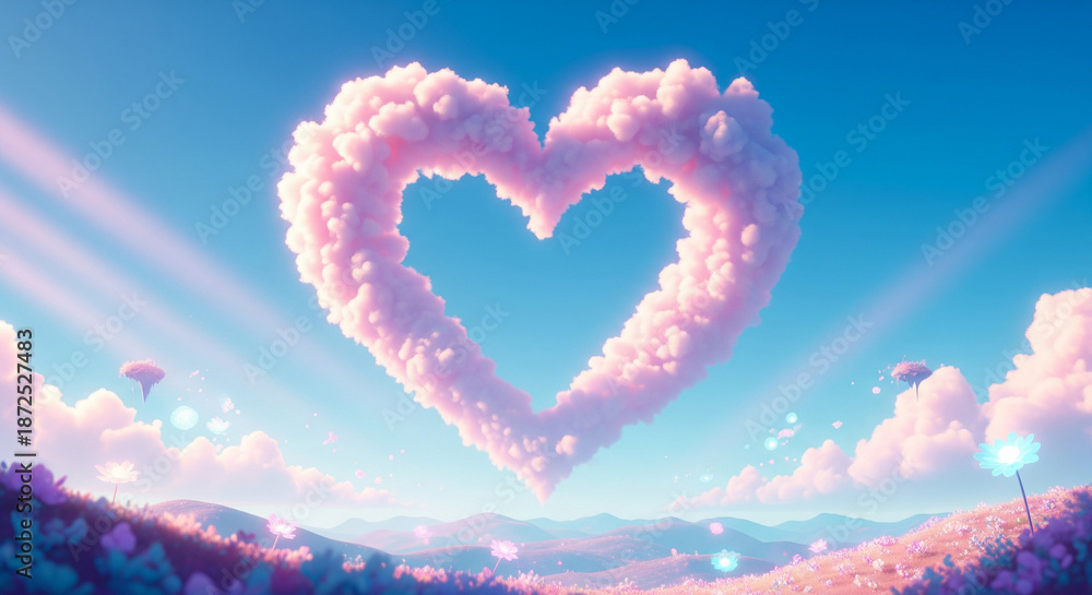 Fototapeta premium Pink Heart-Shaped Cloud Ring Over Fantasy Flower Field and Dreamy Blue Sky