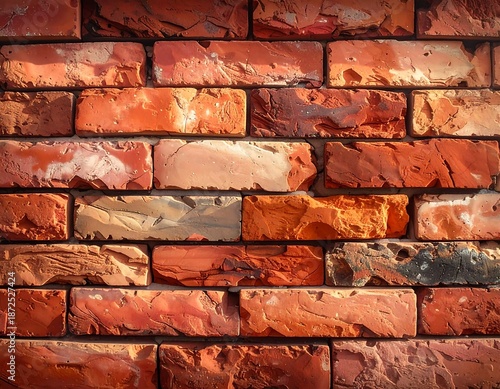 Close-up view of a weathered brick wall with varying shades of red and orange