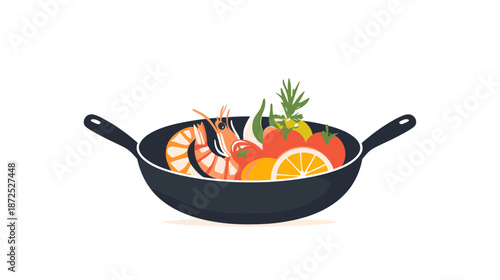 Seafood and Fruits in Frying Pan.