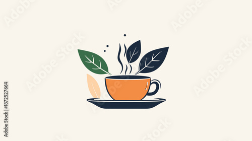 Steaming Coffee Cup with Green Leaves.
