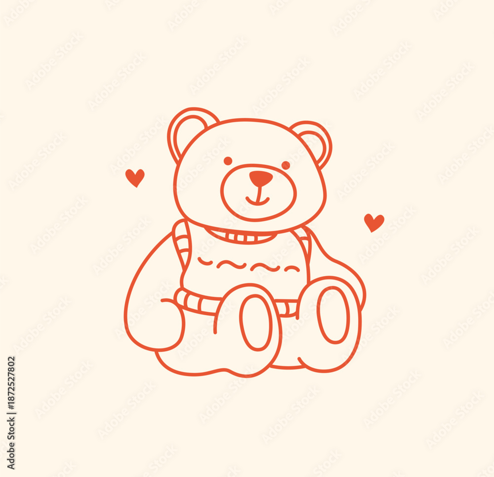 Fototapeta premium Cute illustration of a teddy bear wearing a sweater in a simple line art style. Perfect for greeting cards, invitations, stickers, packaging, Valentine's Day cards, and birthday cards.