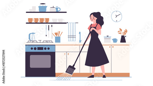 Woman in apron sweeping kitchen floor.
