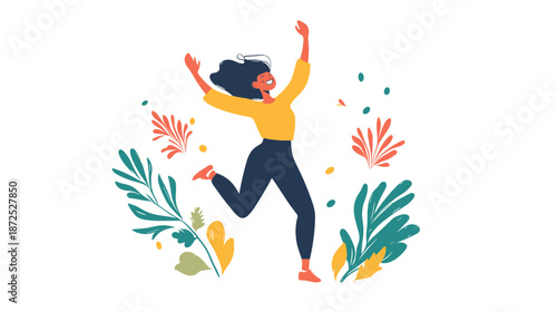 Woman Jumping with Joy and Leaves.