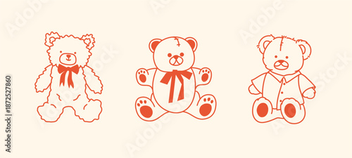 Adorable collection of three cute bears with bows and pyjamas in a simple linear style. Perfect for greeting cards, invitations, stickers, packaging, Valentine's Day cards, birthday cards.