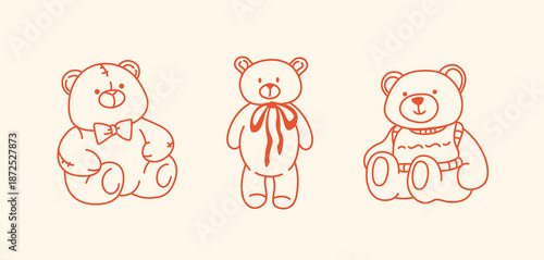 Adorable collection of three cute bears with bows and sweater in a simple linear style. Perfect for greeting cards, invitations, stickers, packaging, Valentine's Day cards, birthday cards.