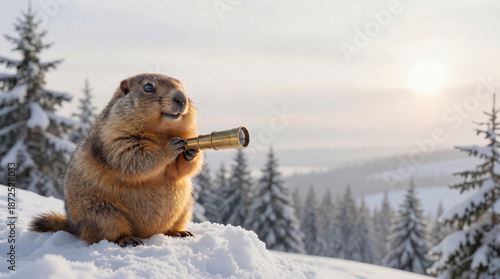 Groundhog on snow using a brass monocular to survey a snowy mountain landscape with fir trees and soft morning sun, whimsical groundhog day discovery and forecasting scene