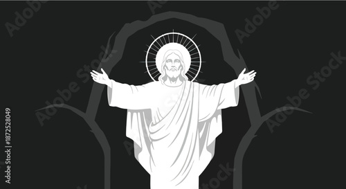 Jesus Christ figure with open arms against dark sky
