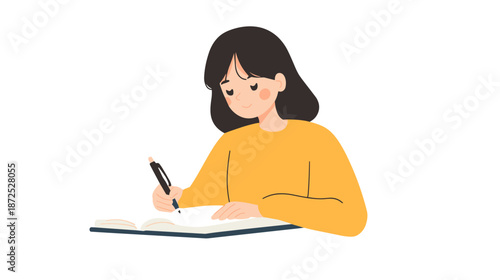 Woman Writing in Notebook with Pen.