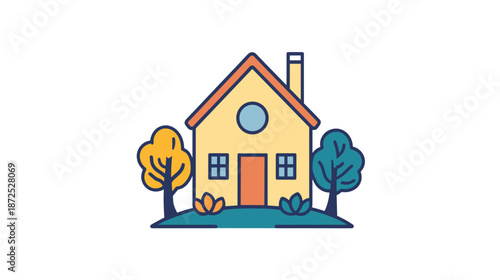 Yellow House with Red Roof and Chimney.