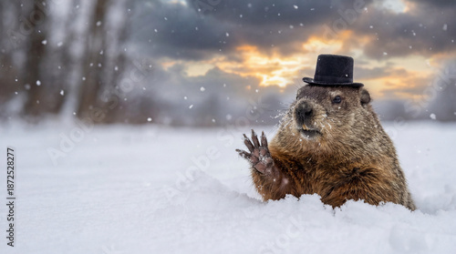 Groundhog in a black top hat emerges from deep snow, extends a paw and peers into falling flakes against a dramatic sunset sky, whimsical groundhog day scene