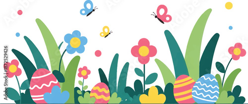Colorful Easter eggs hidden among flowers and butterflies in a vibrant garden scene viewed from above.