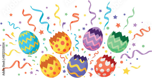 Colorful Easter Eggs Surrounded by Confetti and Streamers in a Festive Scene