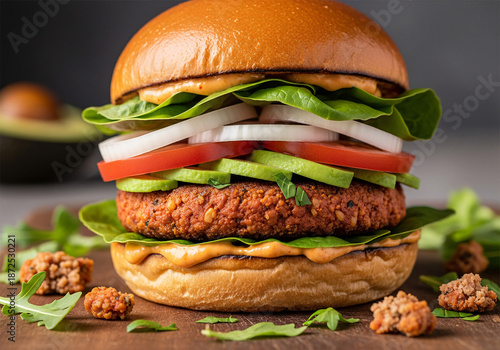 Vegan Burger with Plant-Based Patty and Colorful Vegetables