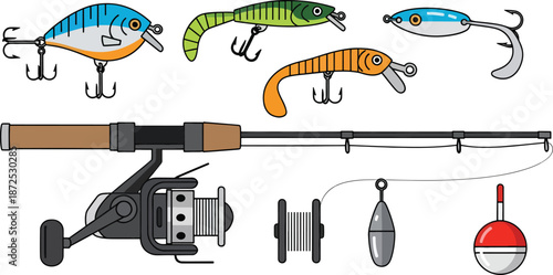 Fishing Rod and Lures Illustration on White Background