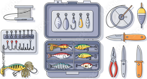 Fishing tackle box and accessories arranged neatly on a white background showcasing various lures and tools for angling.