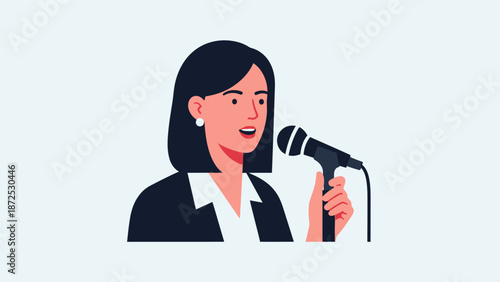 Woman Speaking into a Microphone.
