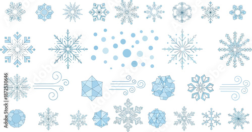 Collection of various blue snowflakes and decorative elements on a white background viewed from directly above