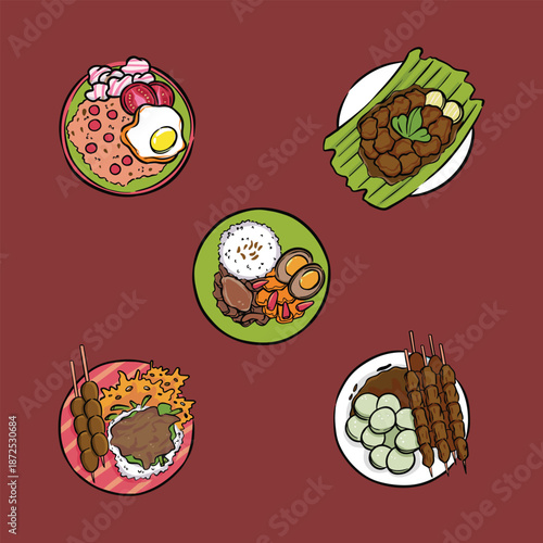 Indonesian Food Illustration Set with Rice Dishes and Traditional Meals