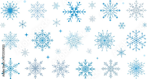 Aerial View of Blue Snowflakes Falling on a White Winter Landscape