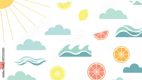 A colorful illustration featuring citrus fruits, clouds, and waves in a serene atmosphere