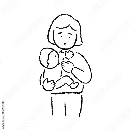 手描きの子どもを抱く母親_白黒