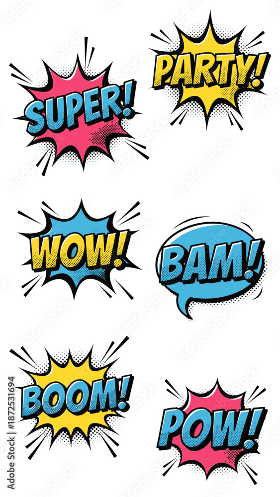 Obraz premium Vibrant Comic Speech Bubbles Explode with Energetic Text and Dynamic Graphics