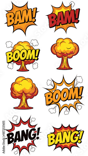 Comic book explosion effects in a dynamic illustration with energetic onomatopoeias