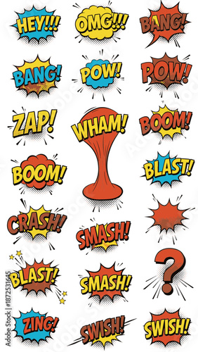 Vibrant Comic Speech Bubbles Explode with Energetic Onomatopoeias in a Dynamic Illustration