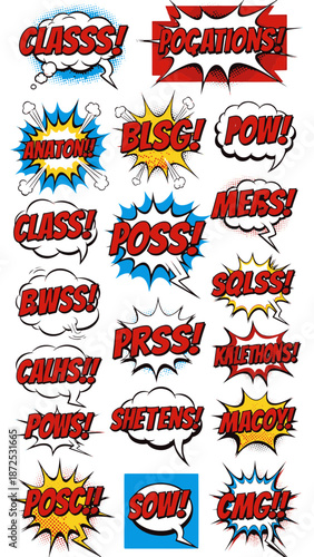 A vibrant comic style illustration featuring dynamic sound effects and speech bubbles in a colorful explosion of text and graphics