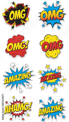 Vibrant Comic Style Speech Bubbles Exploding with Surprise and Amazement in a Dynamic Illustration