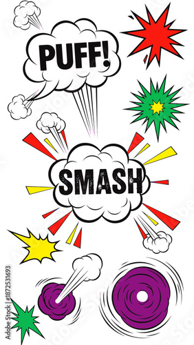 A comic book style illustration of explosion effects and speech bubbles in a dynamic action scene
