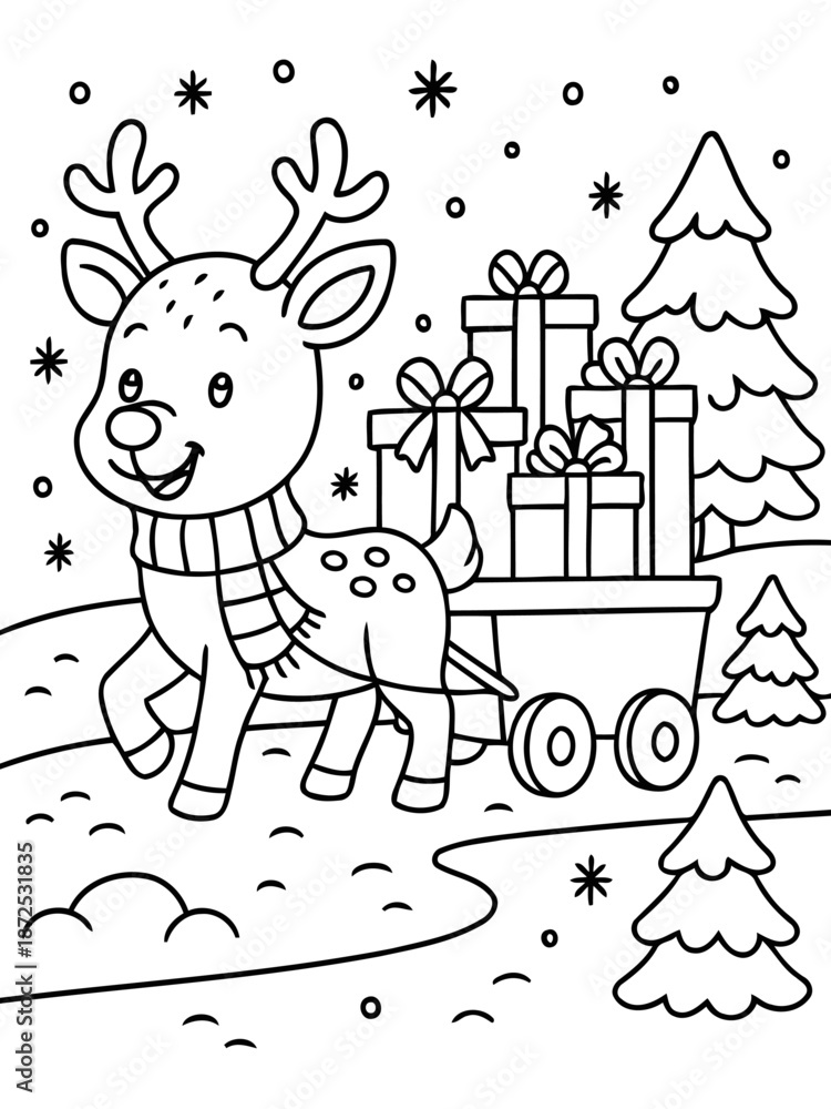 Fototapeta premium Reindeer with Gift for Festive Season: A charming cartoon reindeer pulls a cart laden with wrapped gifts, against a backdrop of falling snowflakes and festive pine trees, promising joy.