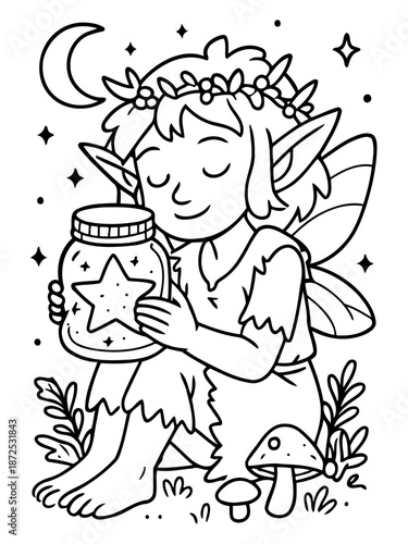 Whimsical Star Keeper: A captivating depiction of a fairy, cradling a jar filled with twinkling stars beneath the soft glow of the moon, embodies the enchantment of dreams.