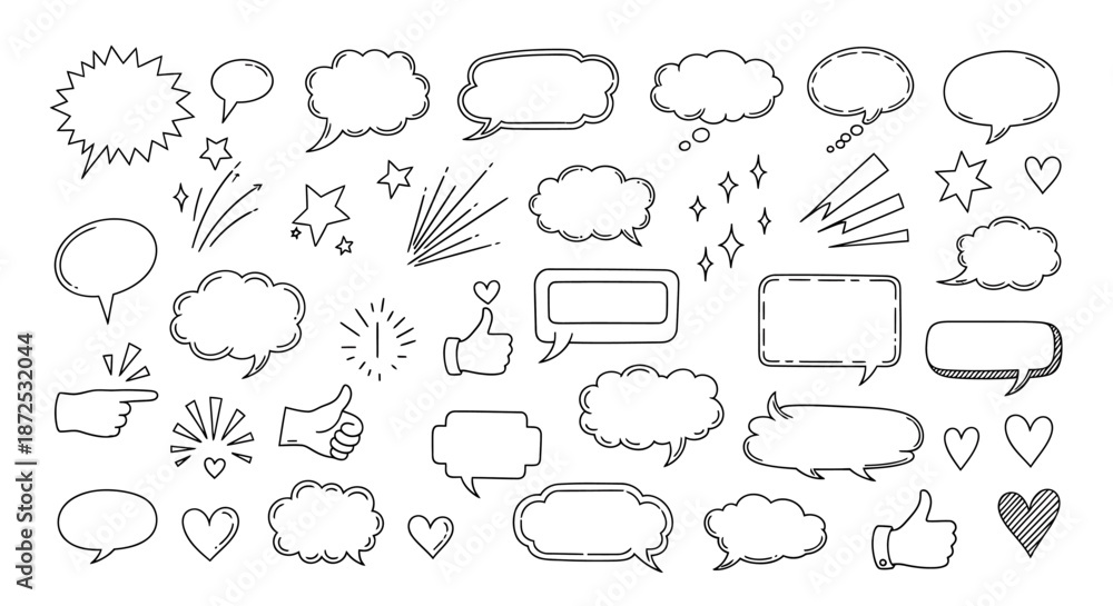 Fototapeta premium Collection of various speech bubbles and icons in a minimalist line art style on a white background
