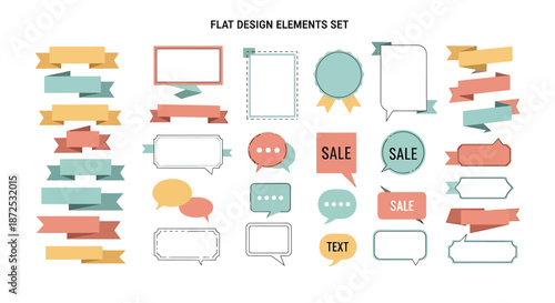 Assorted graphic design elements arranged in a flat design style showcasing various shapes and text boxes