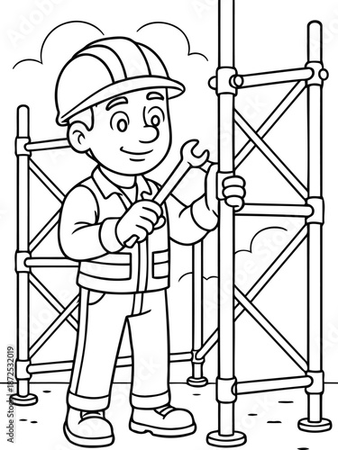 Construction Worker with Wrench: A focused construction worker stands beside a scaffolding structure holding a wrench, ready to assemble or disassemble. Emphasizing precision and manual labor.