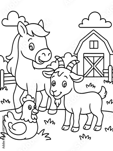 Farm Friends and Their Home: a charming illustration of a hen, horse and goat, they gather happily by the barn